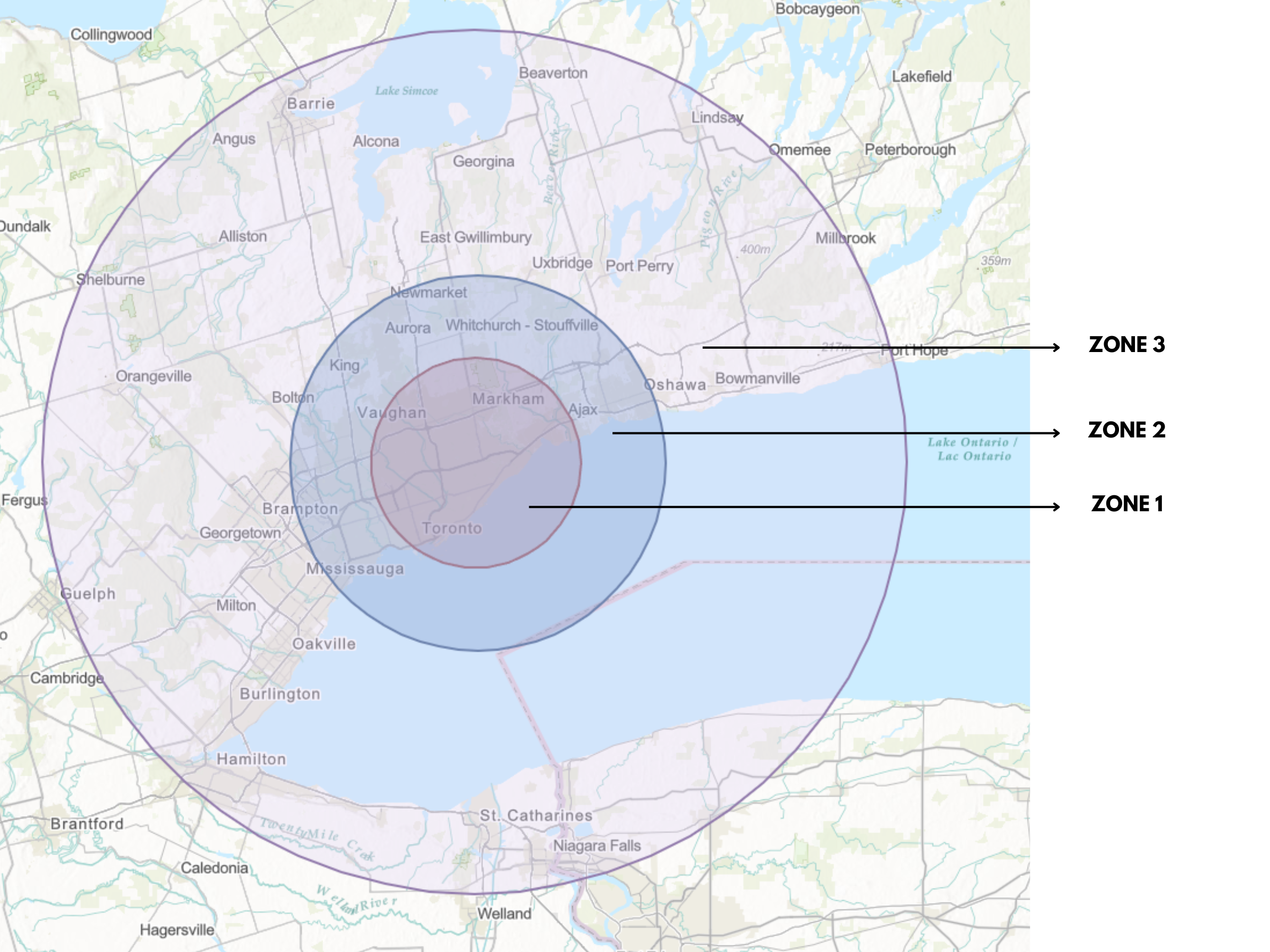 Service area map showing Zone 1, Zone 2, and Zone 3
